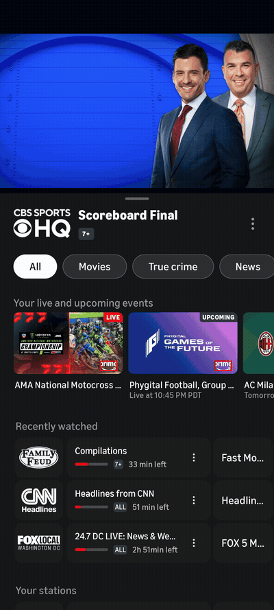 Animated demo of the stream staying pinned at the top while the station rows scroll