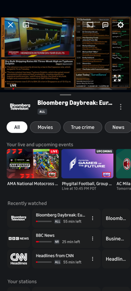 Live TV browse screen with a stream playing at the top of the page